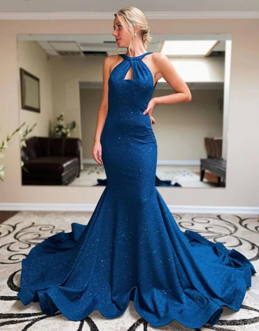 Navy Mermaid Halter Neck Open Back Court Train Prom Dress