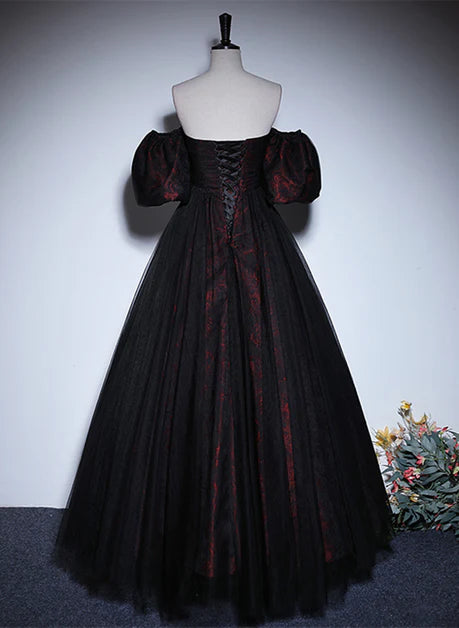 A-line Lace Sweetheart Evening Dress Black and Red Prom Dress With Removable Sleeves