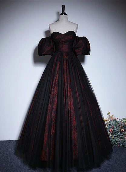 A-line Lace Sweetheart Evening Dress Black and Red Prom Dress With Removable Sleeves