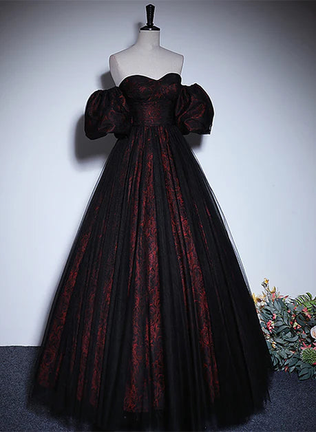 A-line Lace Sweetheart Evening Dress Black and Red Prom Dress With Removable Sleeves