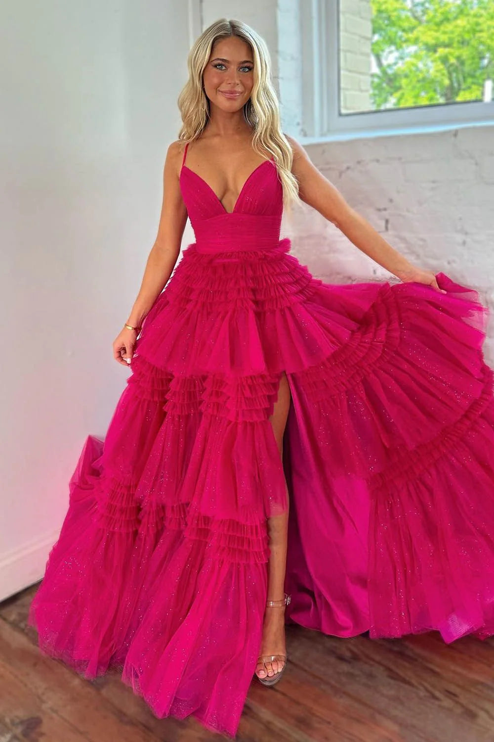 Sweet A-Line Spaghetti Straps Long Tiered Tulle Prom Dress With Split