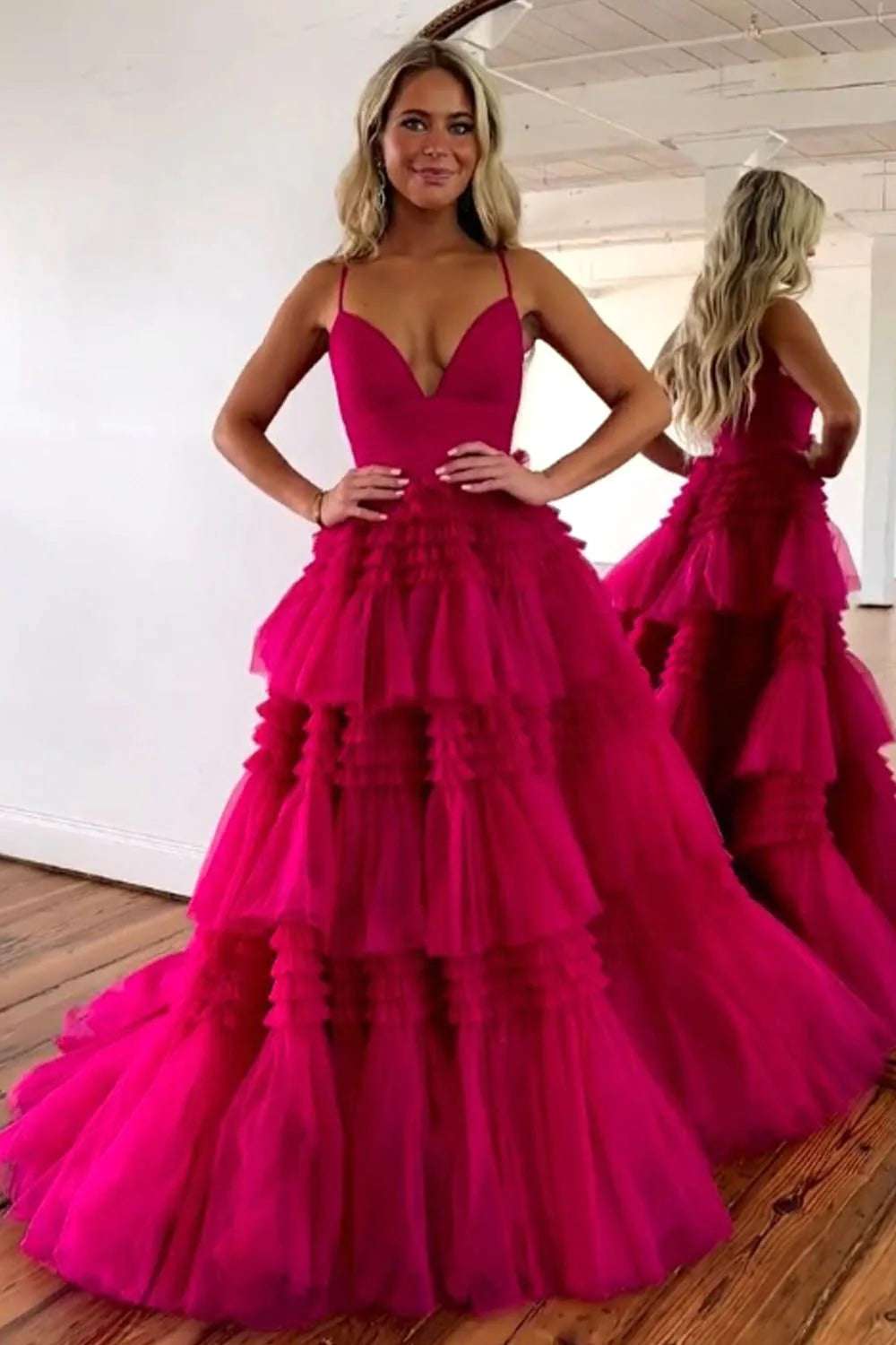 Sweet A-Line Spaghetti Straps Long Tiered Tulle Prom Dress With Split