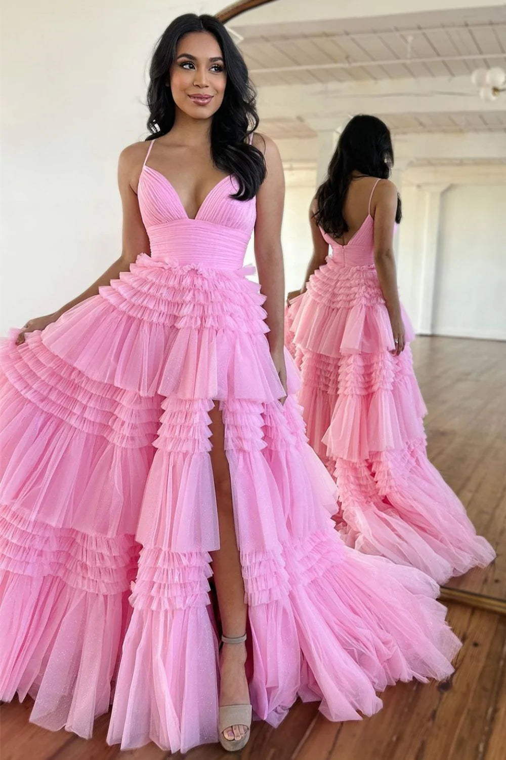 Sweet A-Line Spaghetti Straps Long Tiered Tulle Prom Dress With Split