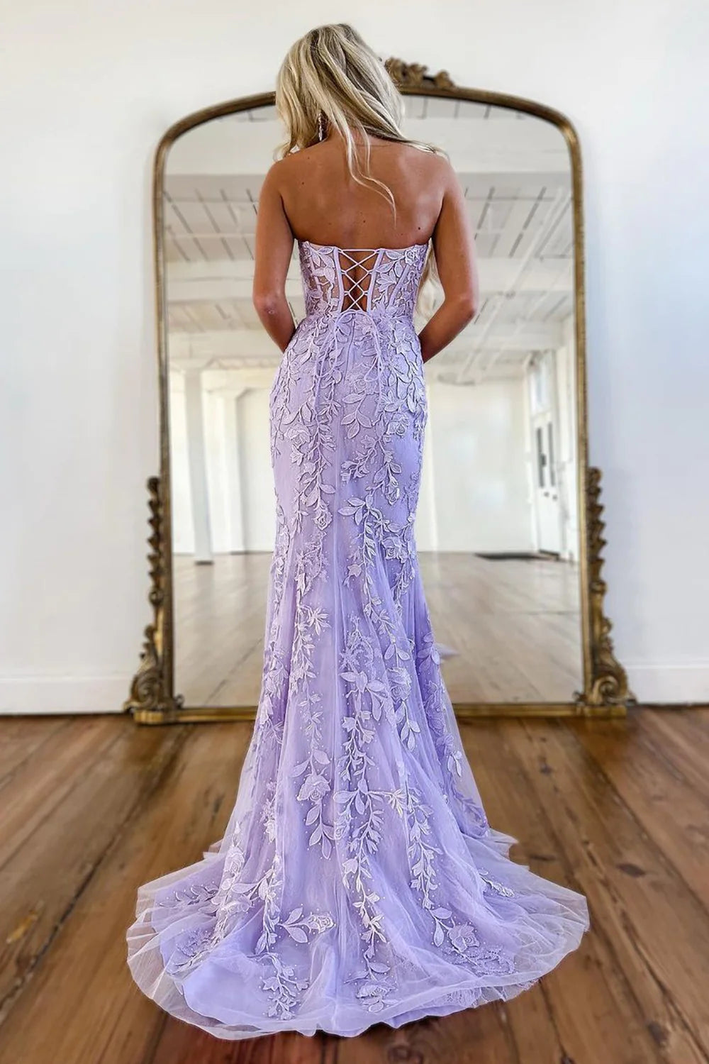 Pretty Lilac Mermaid Sweetheart Lace Up Long Tulle Prom Dress with Appliques