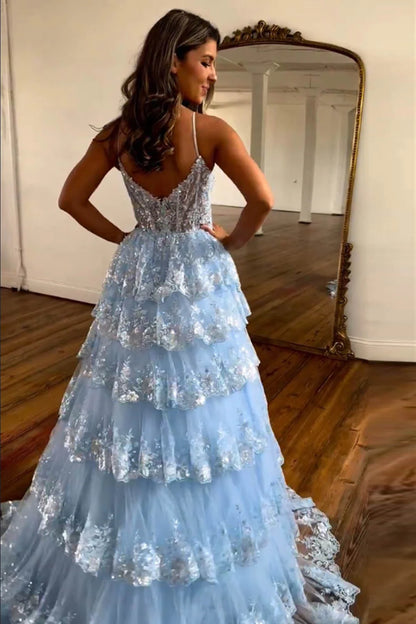 Sparkly Princess A-Line Spaghetti Straps Long Tiered Prom Dress With Appliques