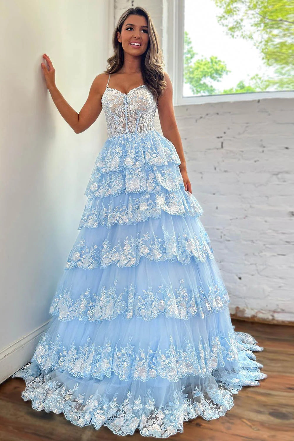 Sparkly Princess A-Line Spaghetti Straps Long Tiered Prom Dress With Appliques