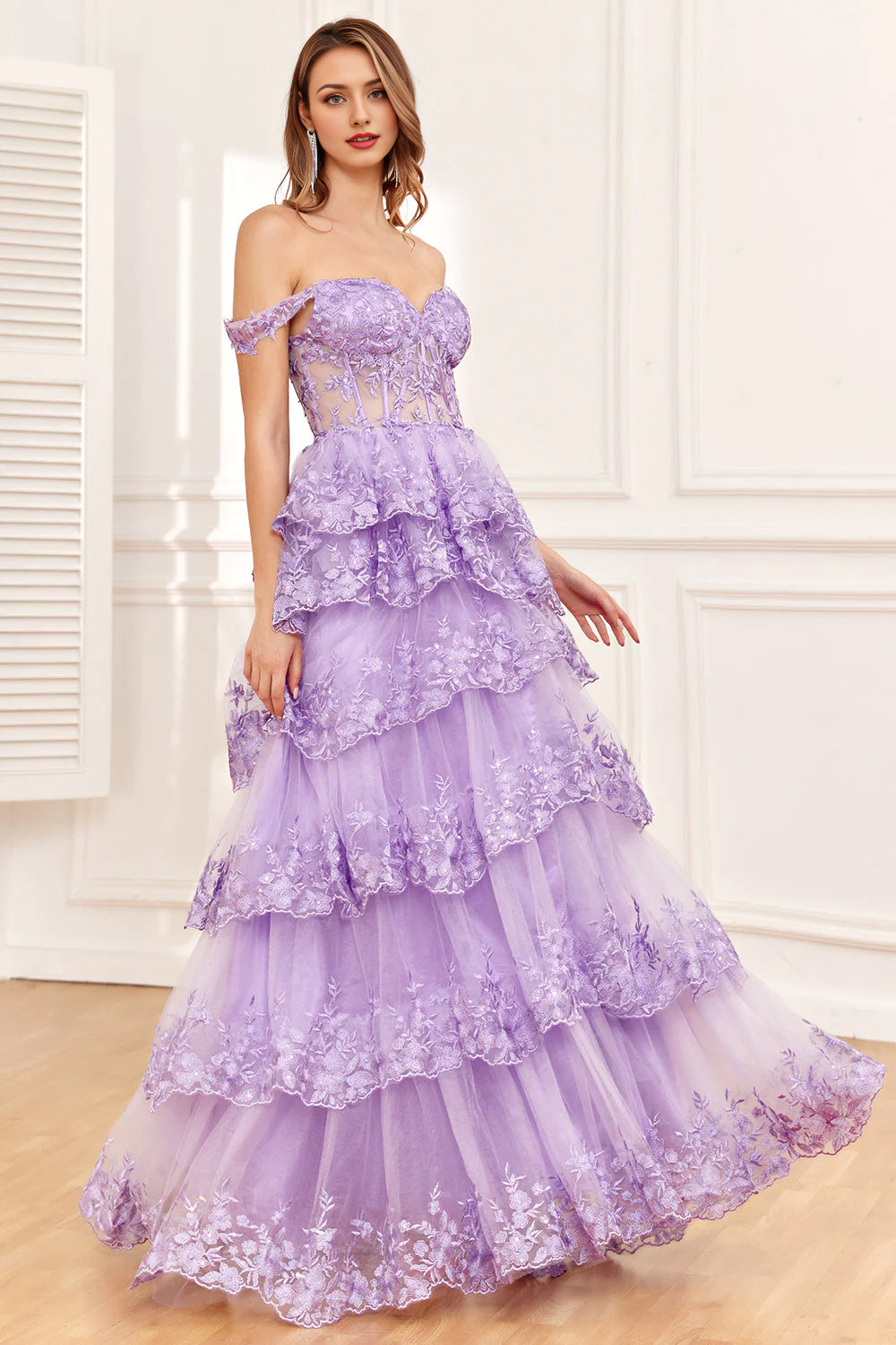 Sequin Off The Shoulder Fuchsia Prom Dress with Tulle Lace