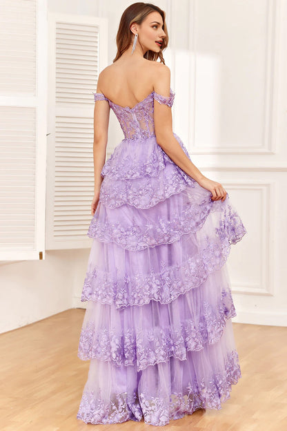 Sequin Off The Shoulder Fuchsia Prom Dress with Tulle Lace