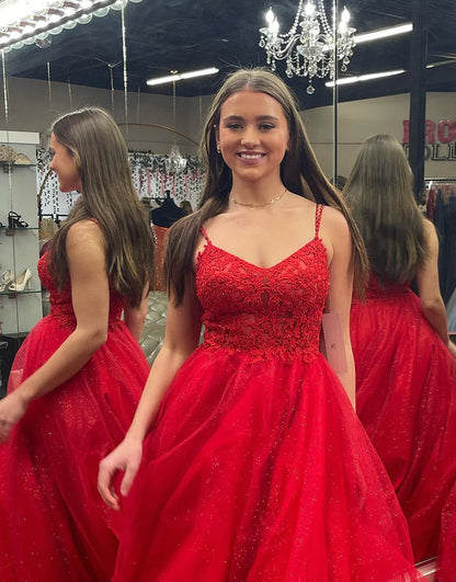 Red A-Line Spaghetti Straps Long Glitter Tulle Prom Dress