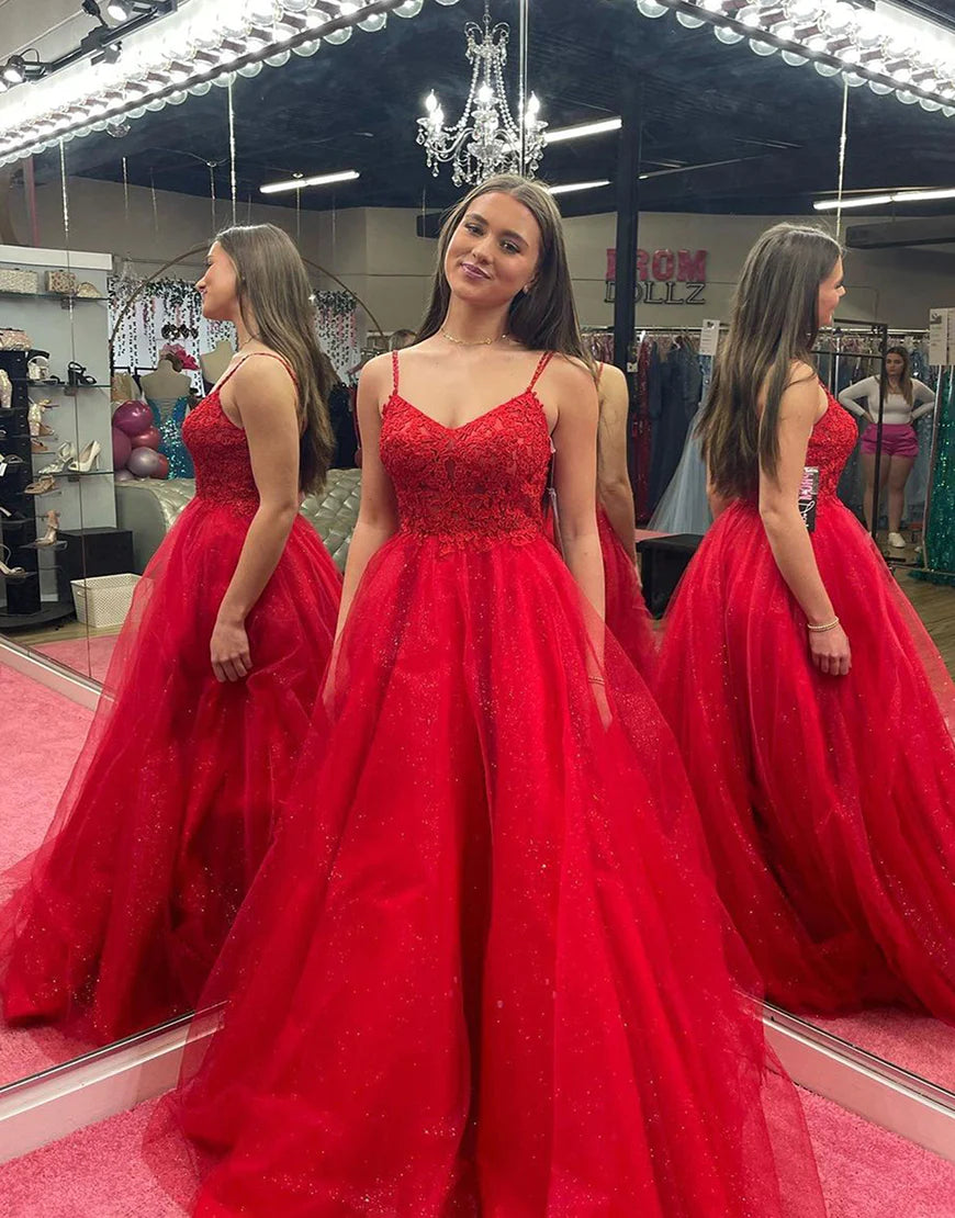 Red A-Line Spaghetti Straps Long Glitter Tulle Prom Dress