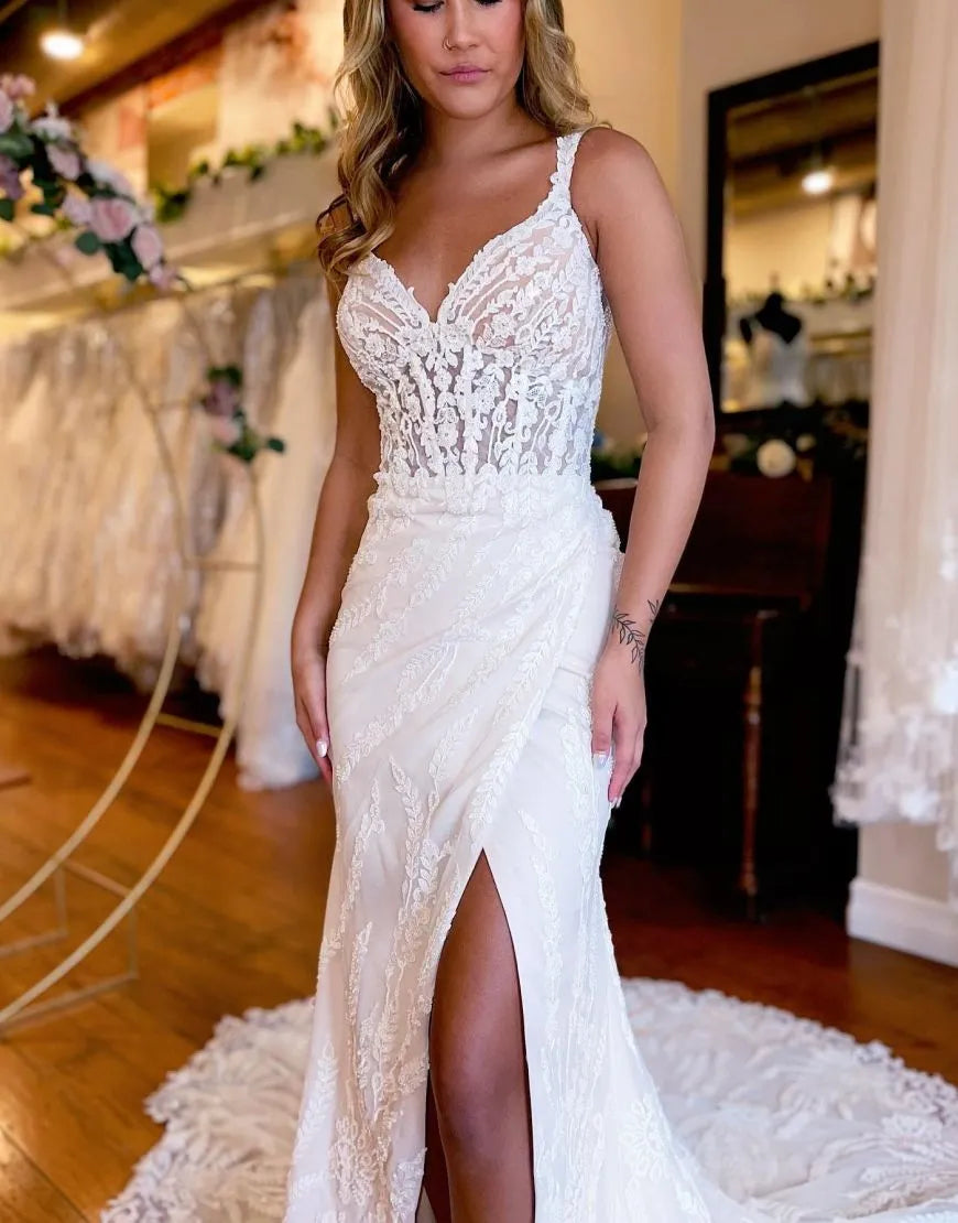 Sexy Mermaid Straps Court Train Lace Wedding Dress With Split