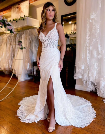 Sexy Mermaid Straps Court Train Lace Wedding Dress With Split