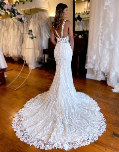 Sexy Mermaid Straps Court Train Lace Wedding Dress With Split