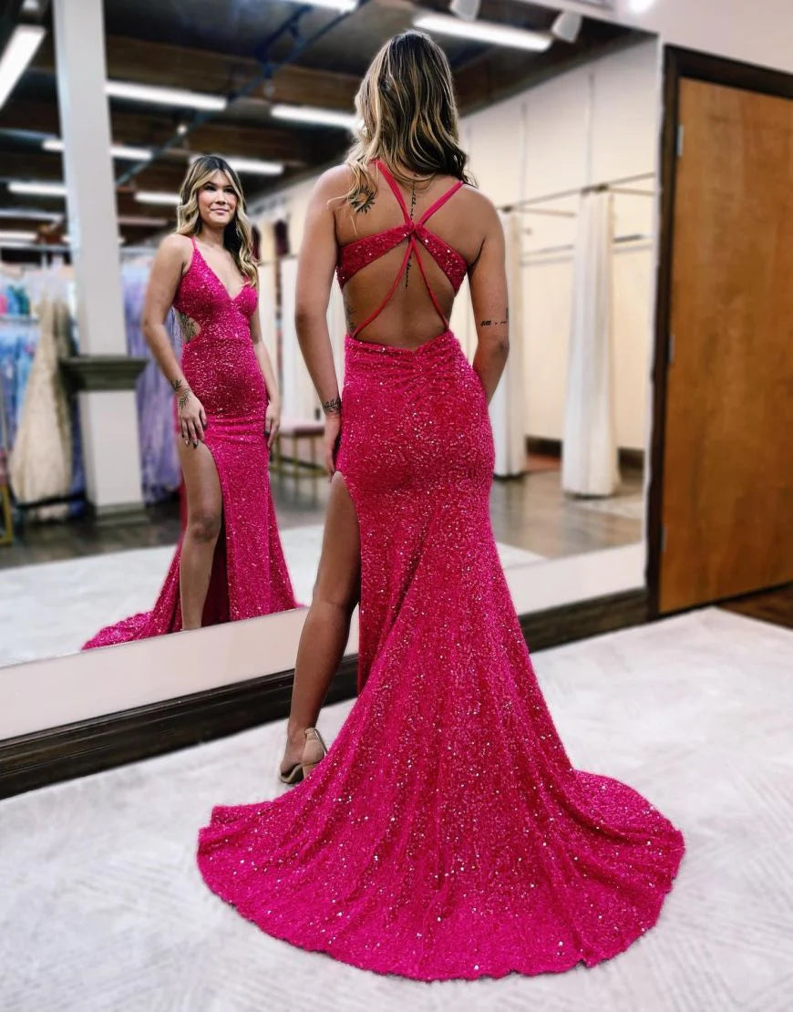 Sexy Mermaid V-Neck Sequin Prom Dress With Split