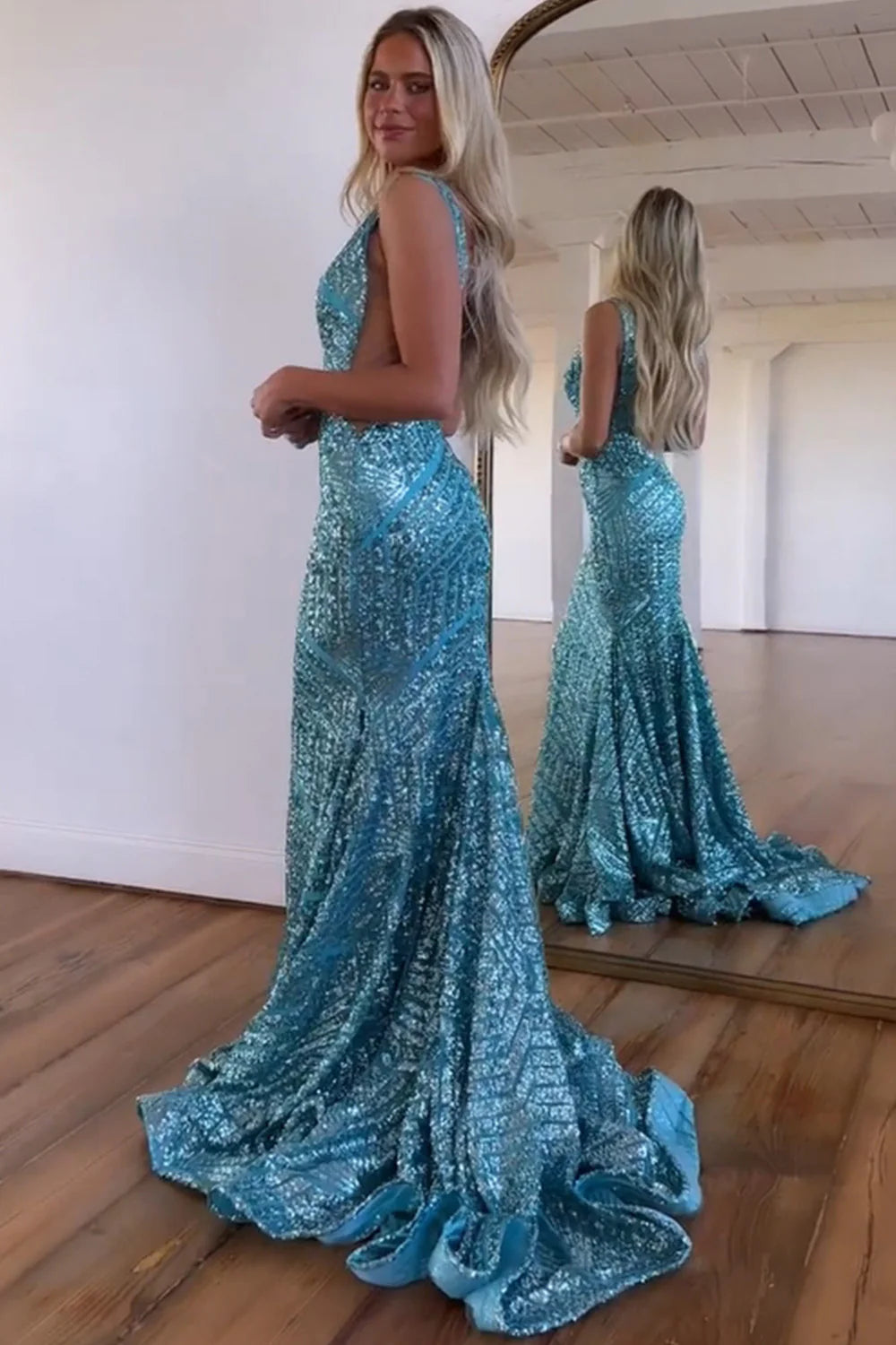 Sexy Sparkly Sequin Deep V-Neck Long Corset Prom Party Dress