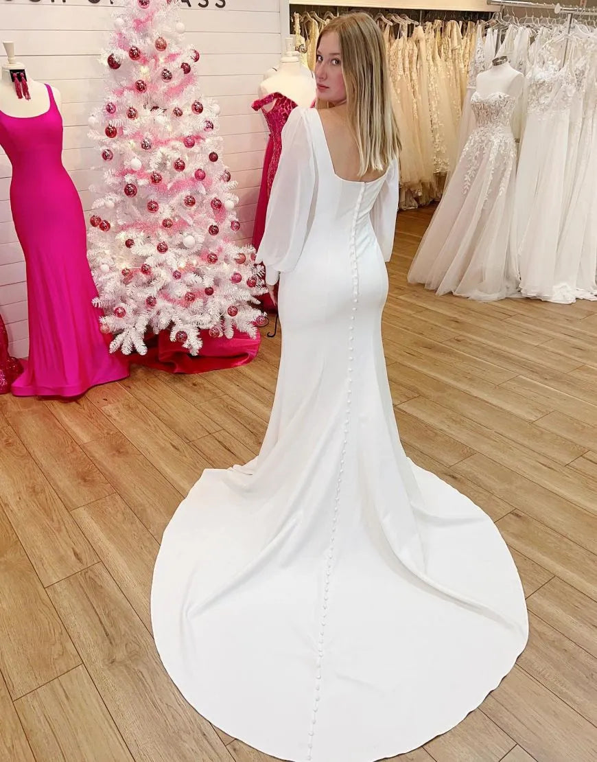 Sheath-Column Square Neckline Long Sleeves Satin Wedding Dress