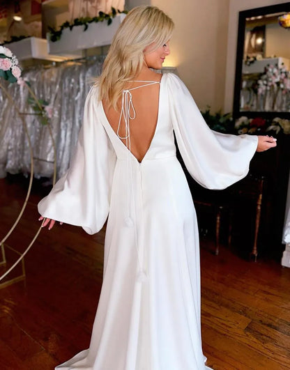 Sheath V-Neck Stretch Satin Long Sleeves Boho Wedding Dress With Split