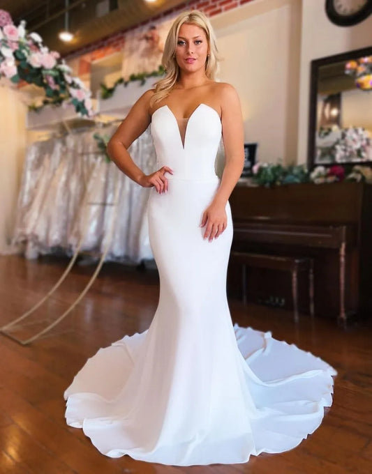 Simple Mermaid Strapless Stretch Satin Court Train Wedding Dress