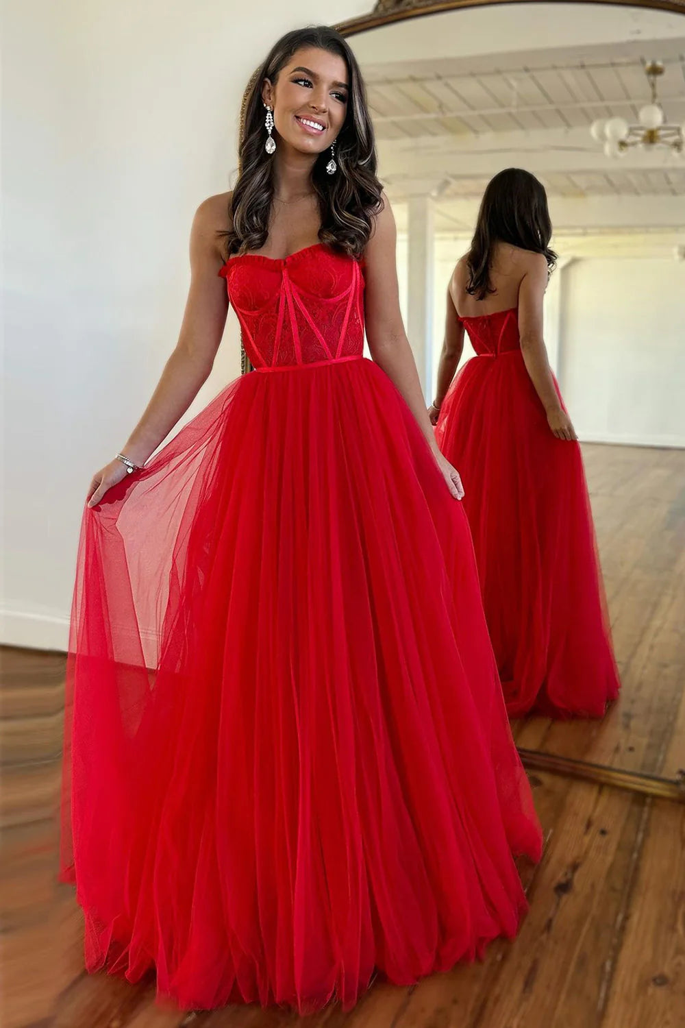 Simple Red Sweetheart A-Line Floor Length Tulle Prom Party Dress