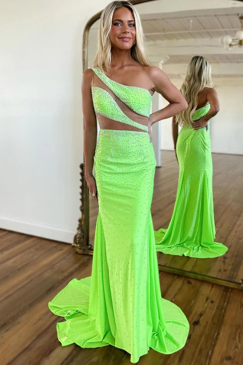 Sparkly Green One Shoulder Long Corset Prom Dress With Beading