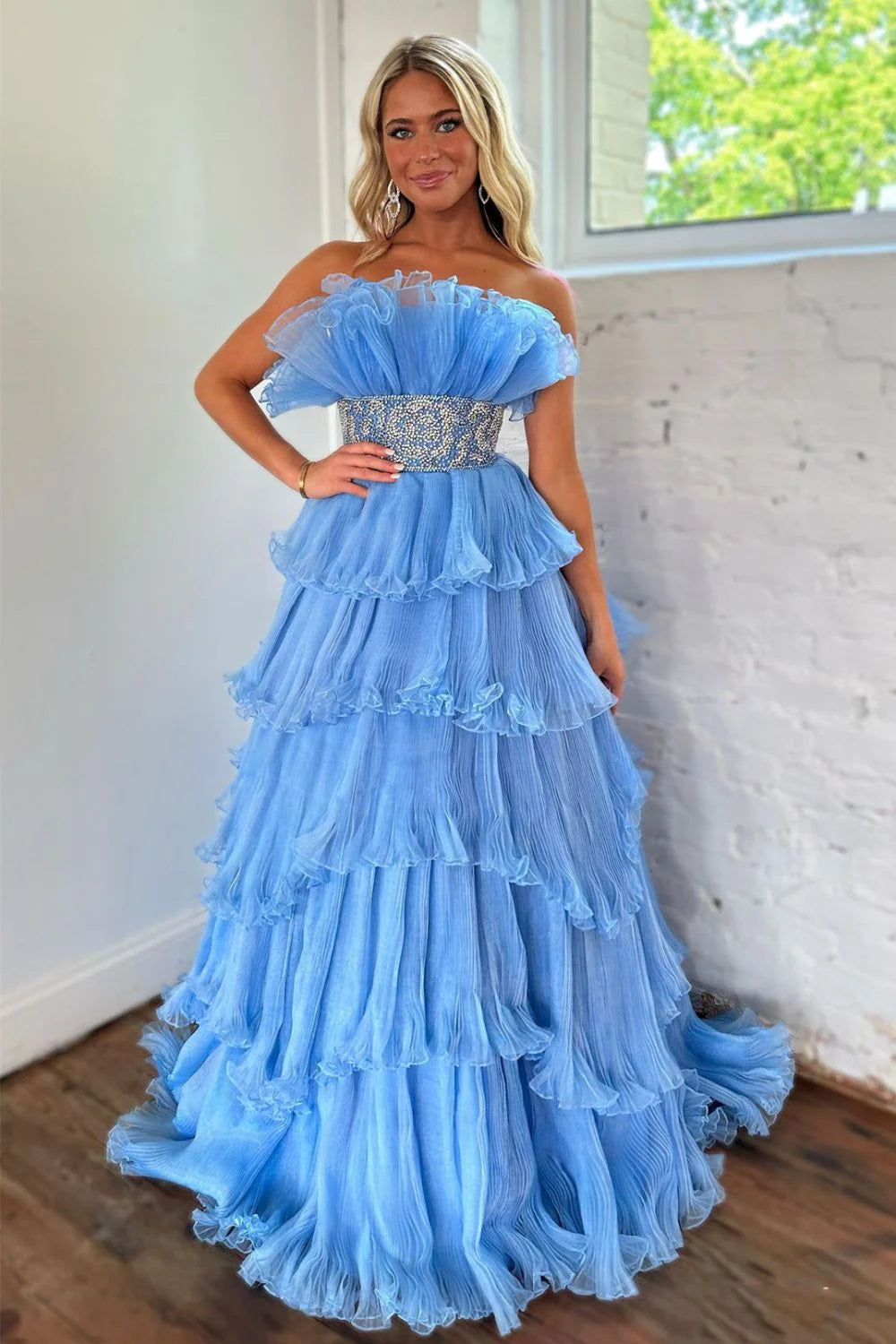 Stylish Blue Strapless A-Line Long Tiered Prom Dress With Belt