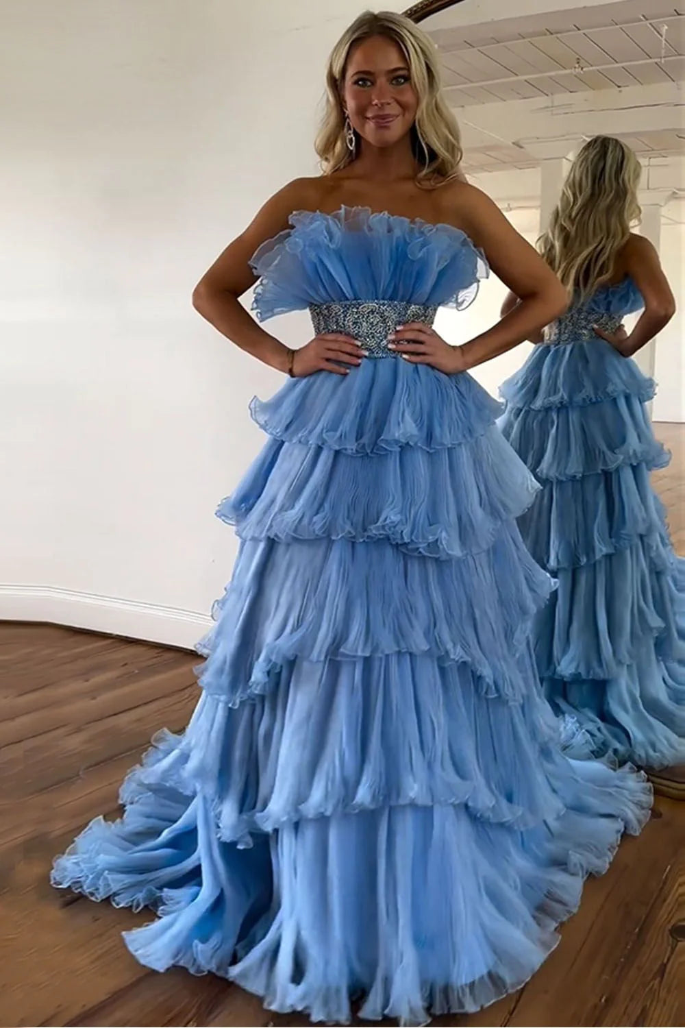 Stylish Blue Strapless A-Line Long Tiered Prom Dress With Belt