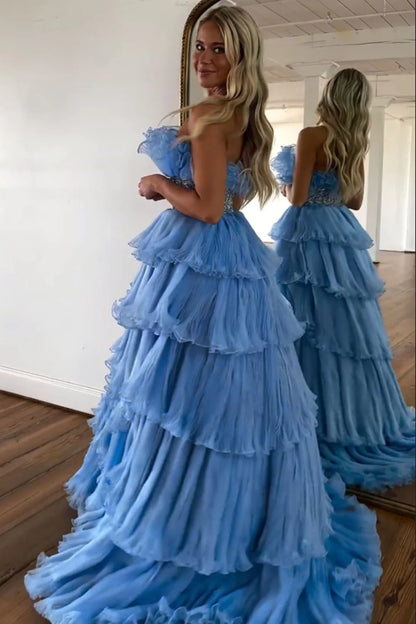 Stylish Blue Strapless A-Line Long Tiered Prom Dress With Belt