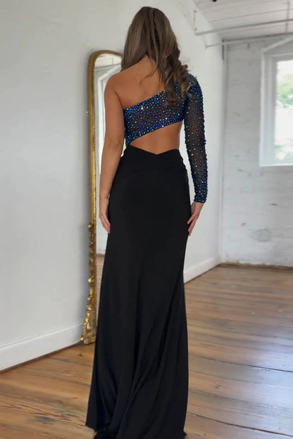 tylish One Shoulder Long Sleeves Cutout Waist Beaded Prom Dress With Split