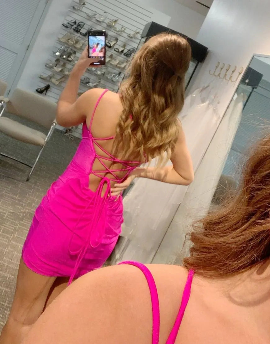 V-neck Sexy Halter Hot Pink Homecoming Dress