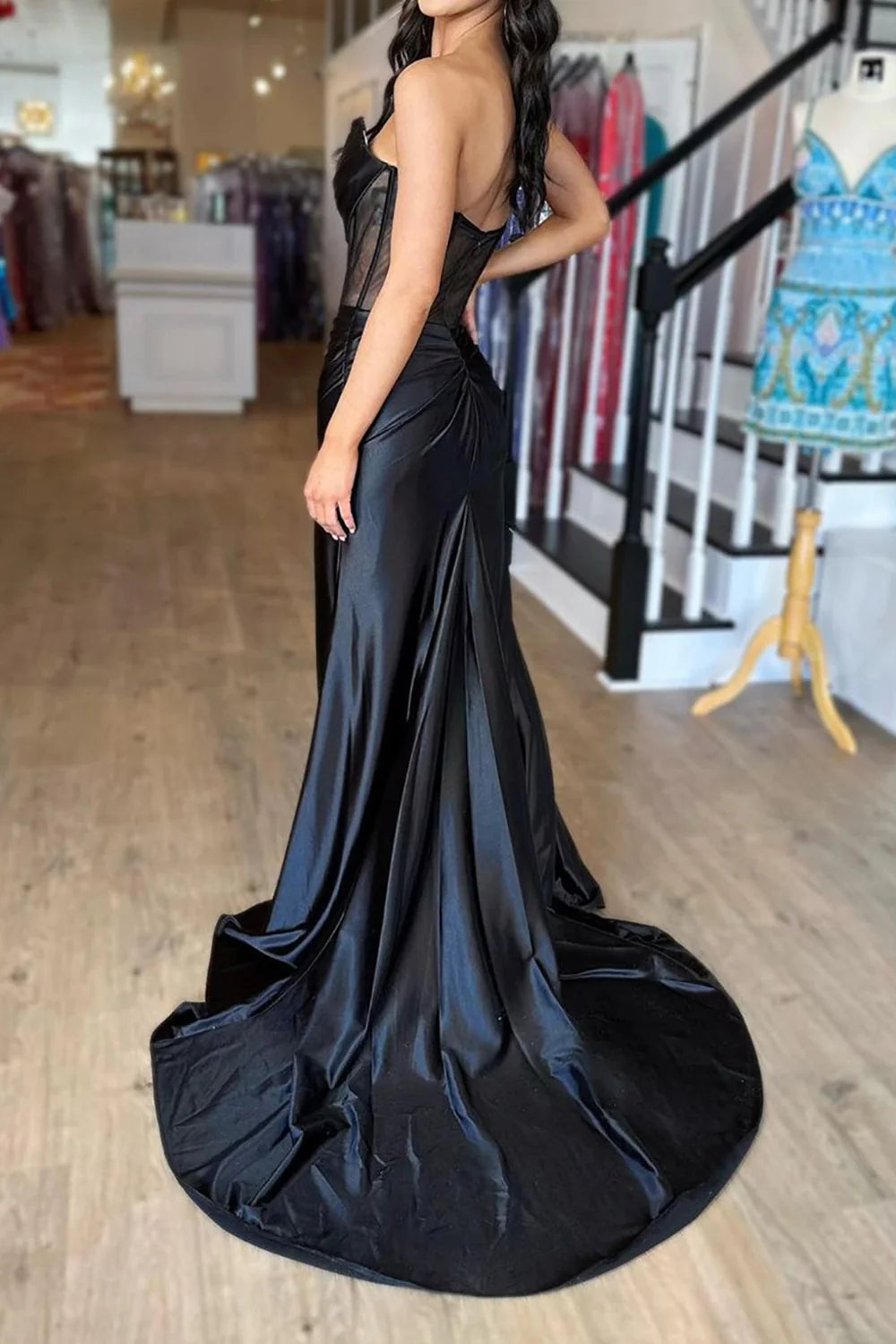 Hot Mermaid Strapless Corset Black Long Prom Dress with Split Front