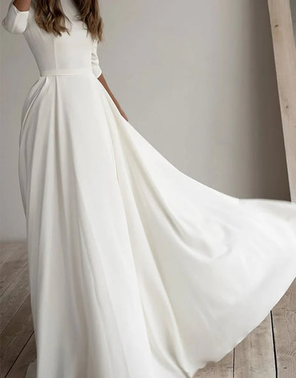 A Line 3/4 Sleeves White Wedding Dress Long Bridal Dress Solid Color