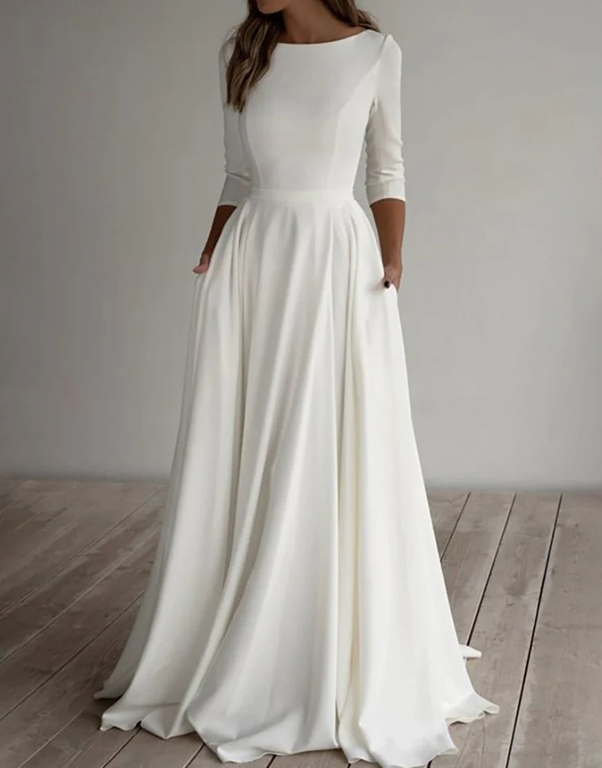 A Line 3/4 Sleeves White Wedding Dress Long Bridal Dress Solid Color