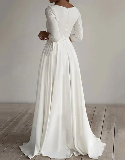 A Line 3/4 Sleeves White Wedding Dress Long Bridal Dress Solid Color