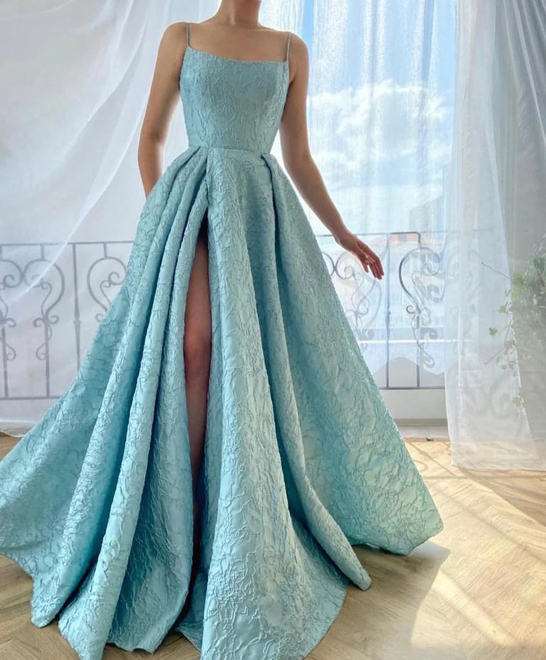 A-Line Dreamy Textured Gown Slip Dress Prom Dress With Slit