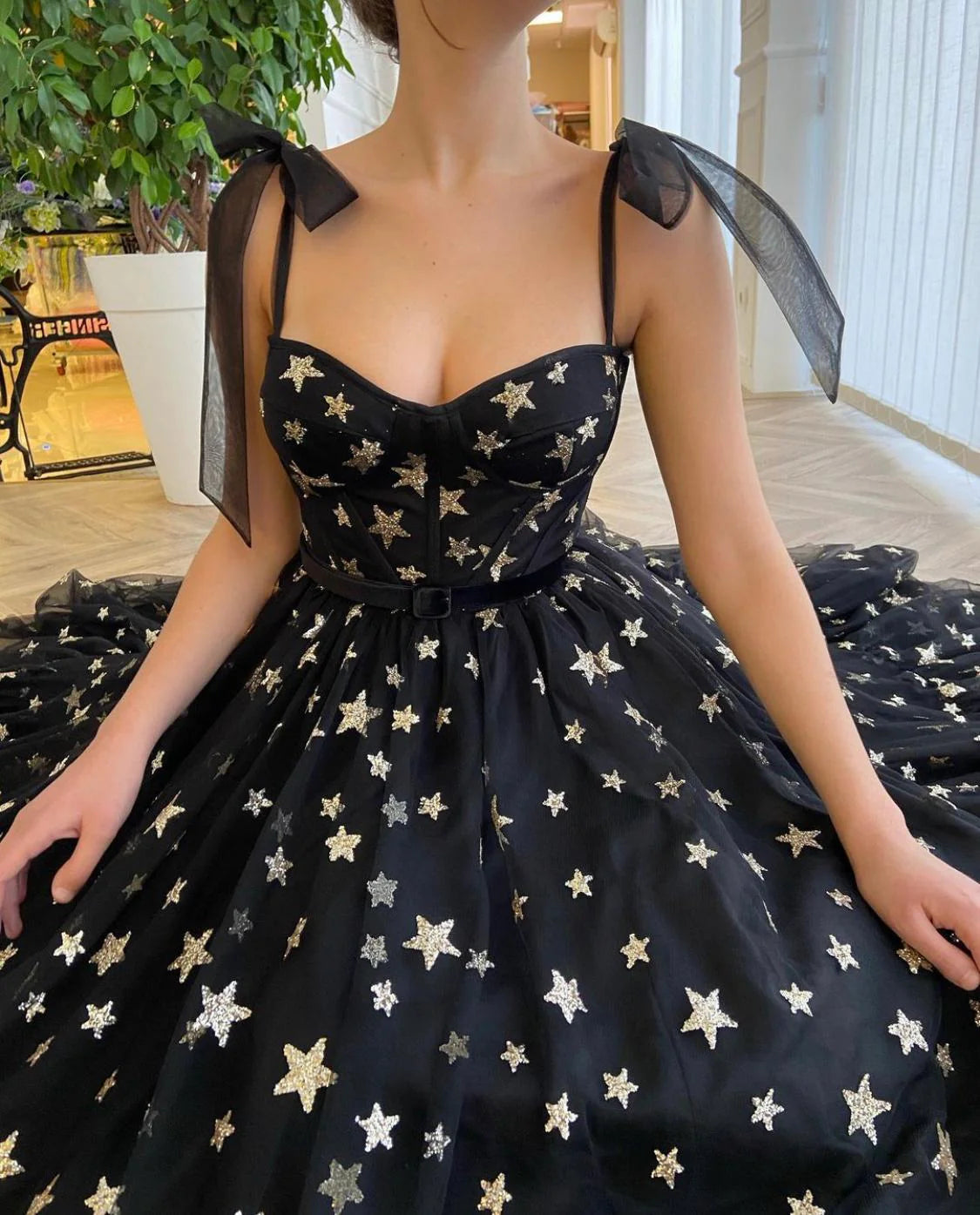 Cute A-Line Starry Dress Slip Dress Prom Dress With Belt