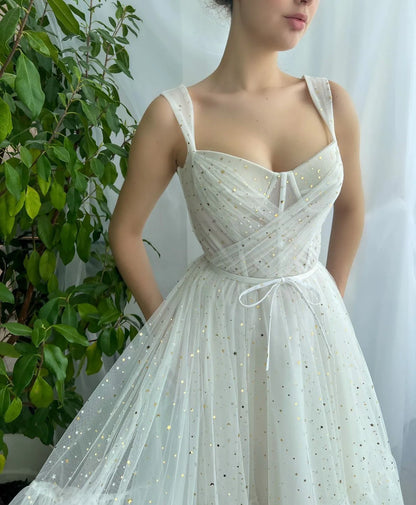 Lovely A-Line Starlit Cloud Tulle Midi Slip Tea-Length Wedding Dress Prom Dress