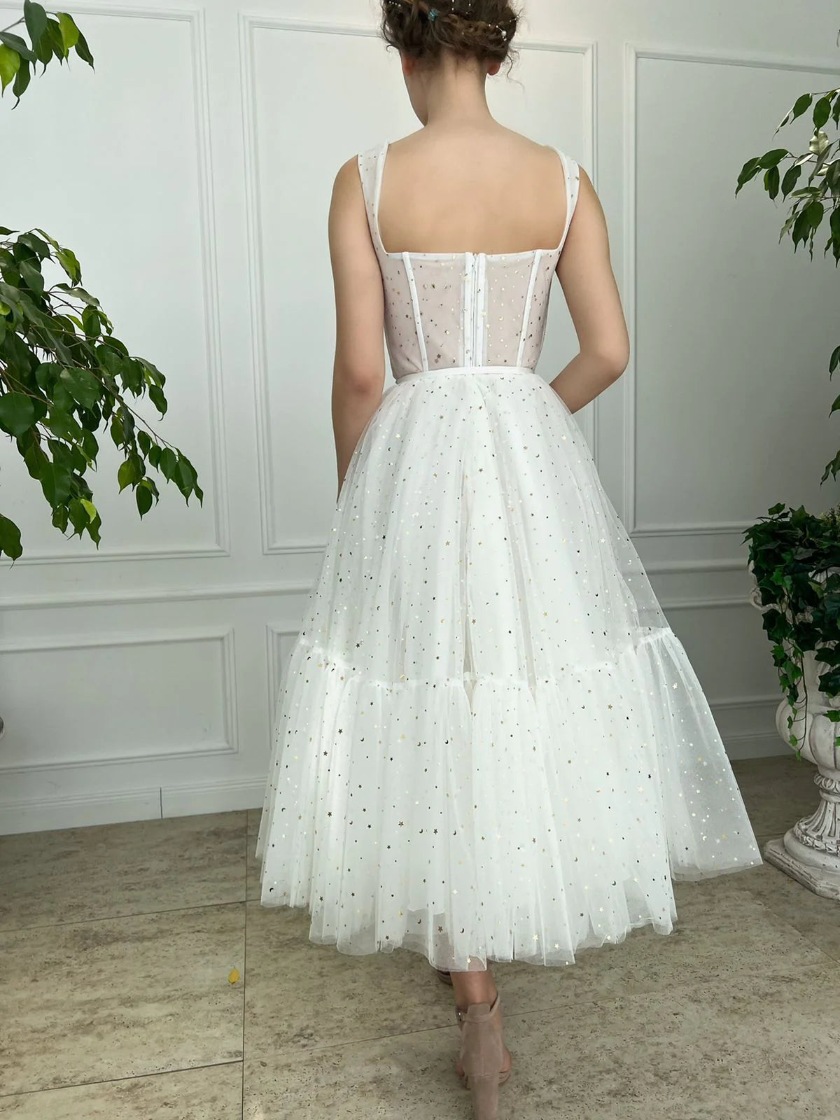 Lovely A-Line Starlit Cloud Tulle Midi Slip Tea-Length Wedding Dress Prom Dress