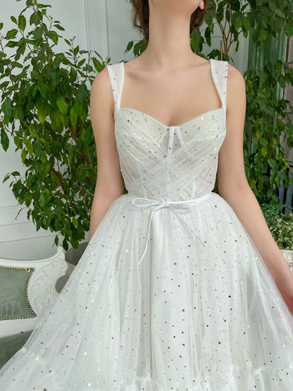 Lovely A-Line Starlit Cloud Tulle Midi Slip Tea-Length Wedding Dress Prom Dress