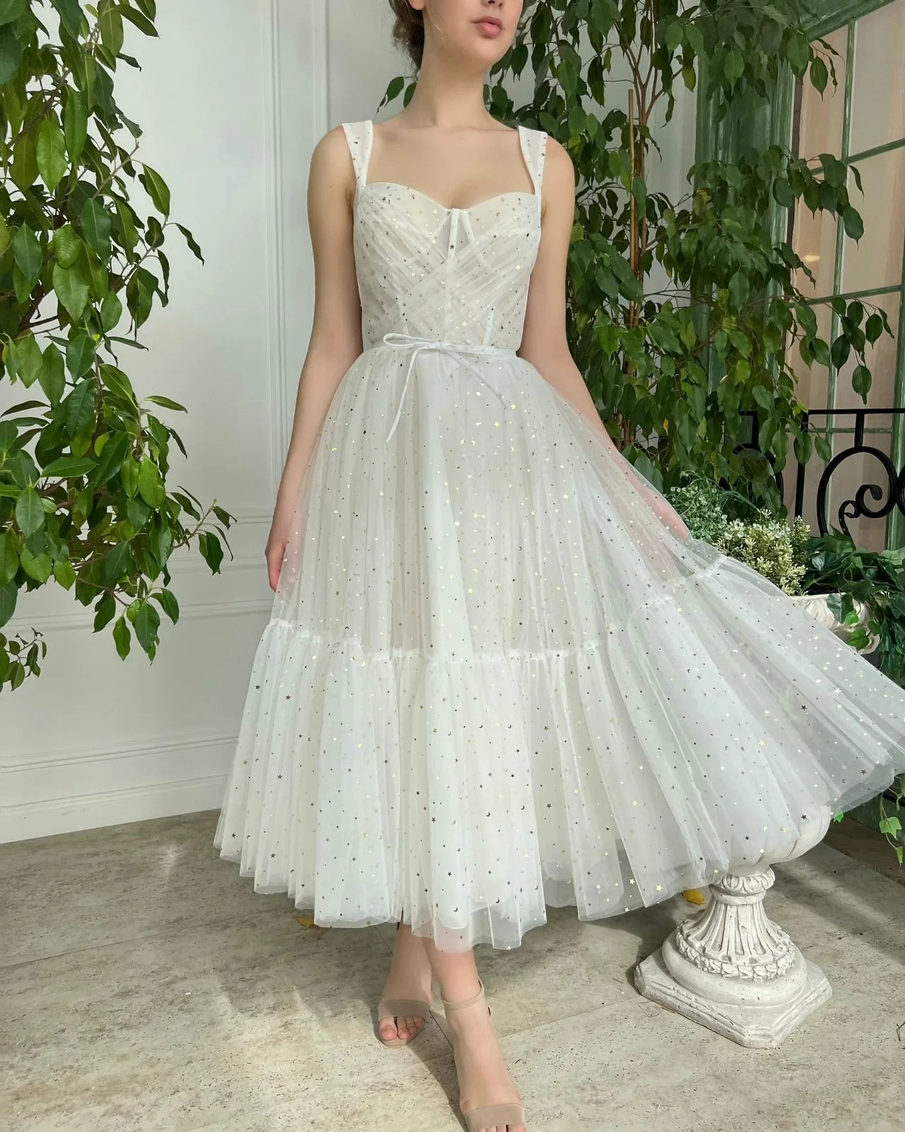 Lovely A-Line Starlit Cloud Tulle Midi Slip Tea-Length Wedding Dress Prom Dress