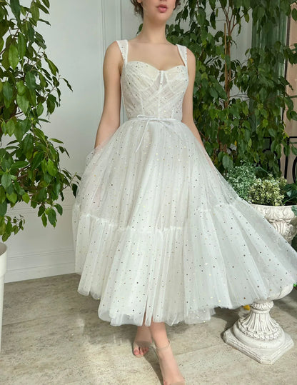 Lovely A-Line Starlit Cloud Tulle Midi Slip Tea-Length Wedding Dress Prom Dress