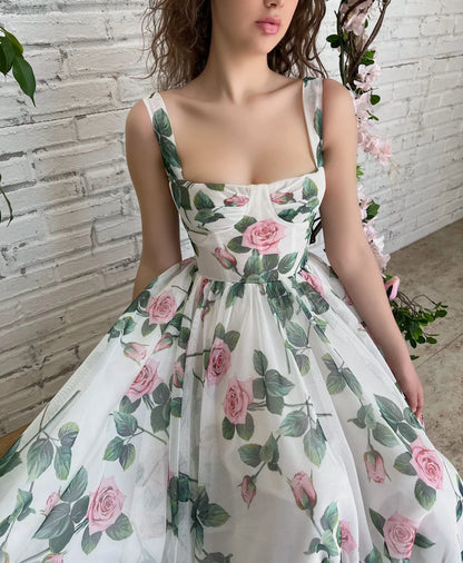 Elegant A-Line Tea length Rose Embroidery Tulle Gown Prom Dress Party Dress