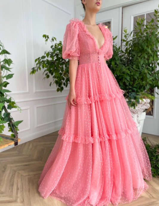 V-Neck Long Prom Dress Rose Romance Tulle Gown