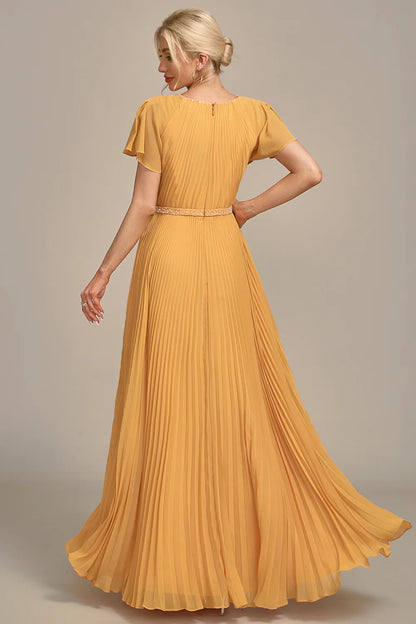 Yellow A-Line Round Neck Pleated Mother of Bride Dress With Short Sleeves