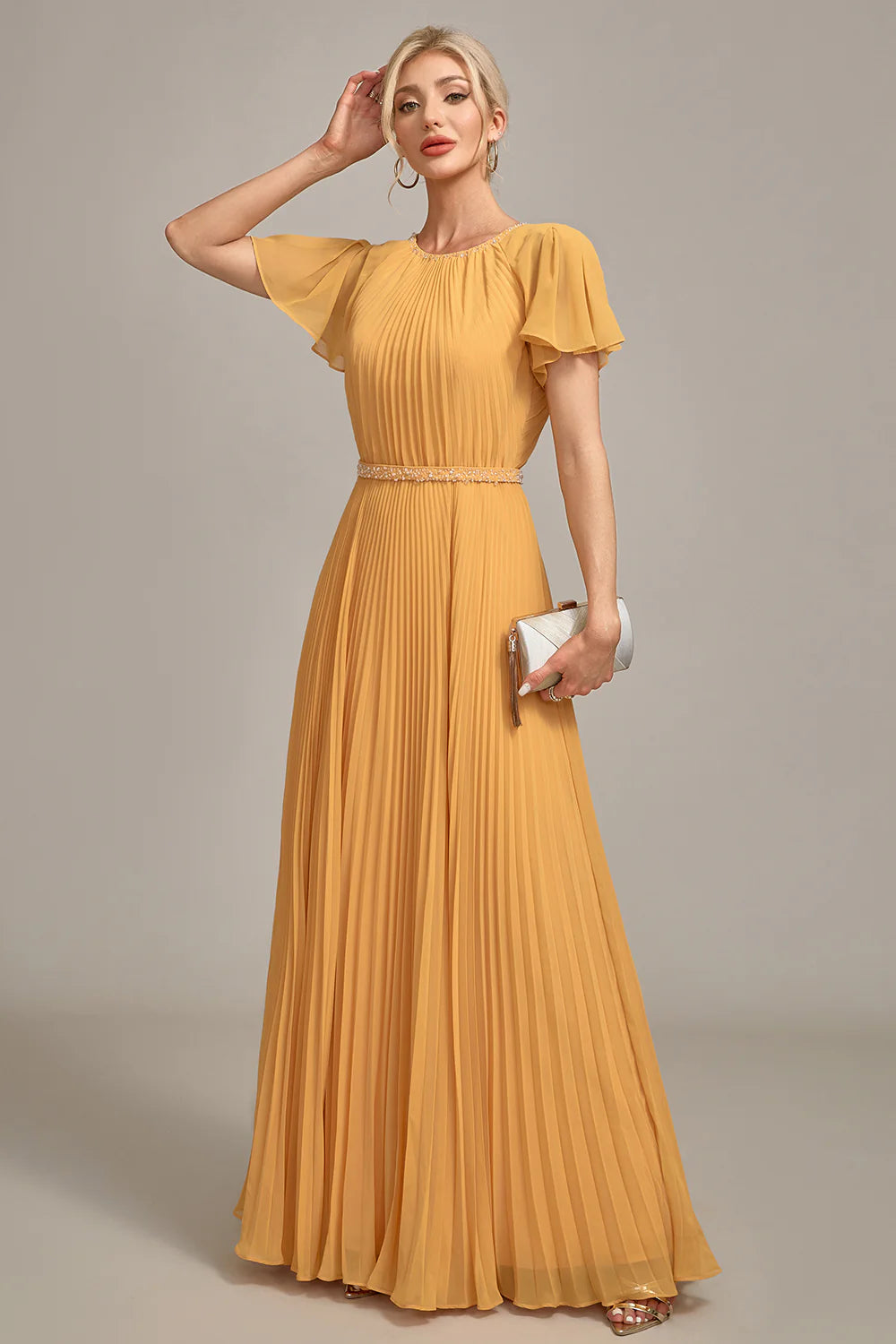 Yellow A-Line Round Neck Pleated Mother of Bride Dress With Short Sleeves