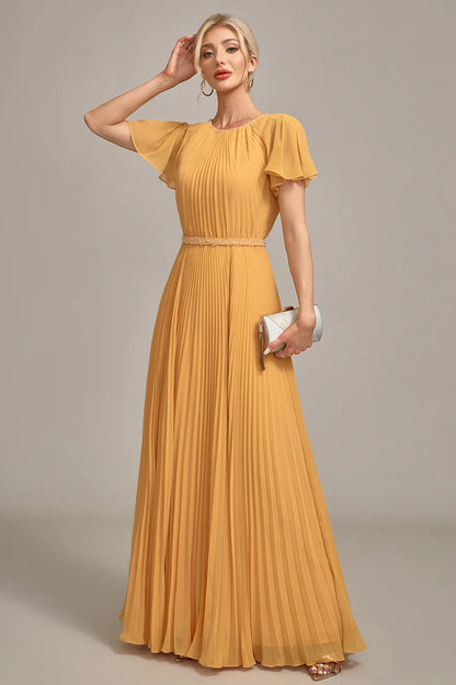 Yellow A-Line Round Neck Pleated Mother of Bride Dress With Short Sleeves