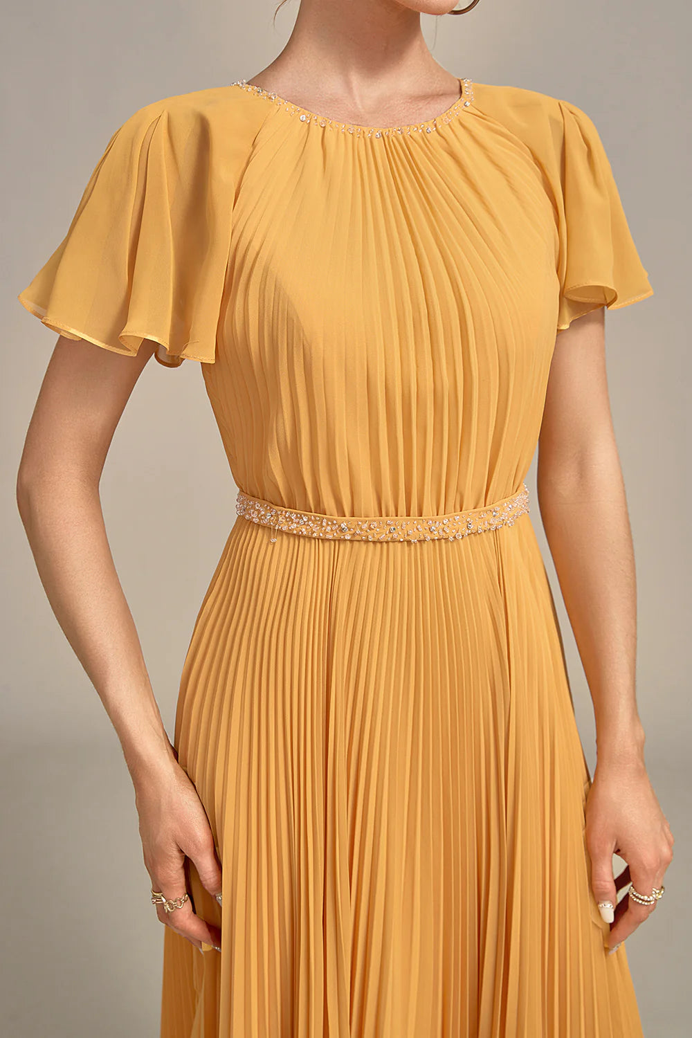 Yellow A-Line Round Neck Pleated Mother of Bride Dress With Short Sleeves