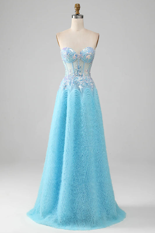 Sky Blue Sweetheart Corset Prom Dress with Sequins