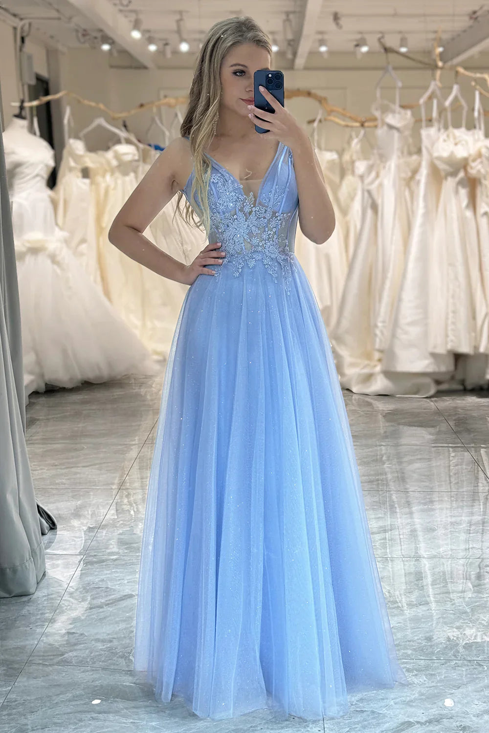 A-Line Light Blue Lace Up Floor Length Tulle Prom Dress With Appliques