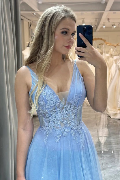 A-Line Light Blue Lace Up Floor Length Tulle Prom Dress With Appliques