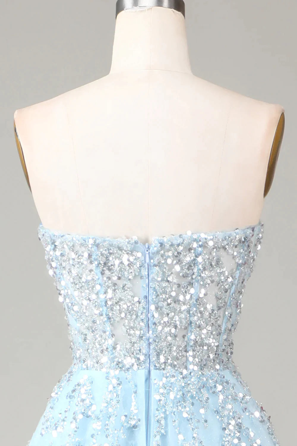 Luxurious Glitter Light Blue Long Corset Prom Dress With Sweep Train